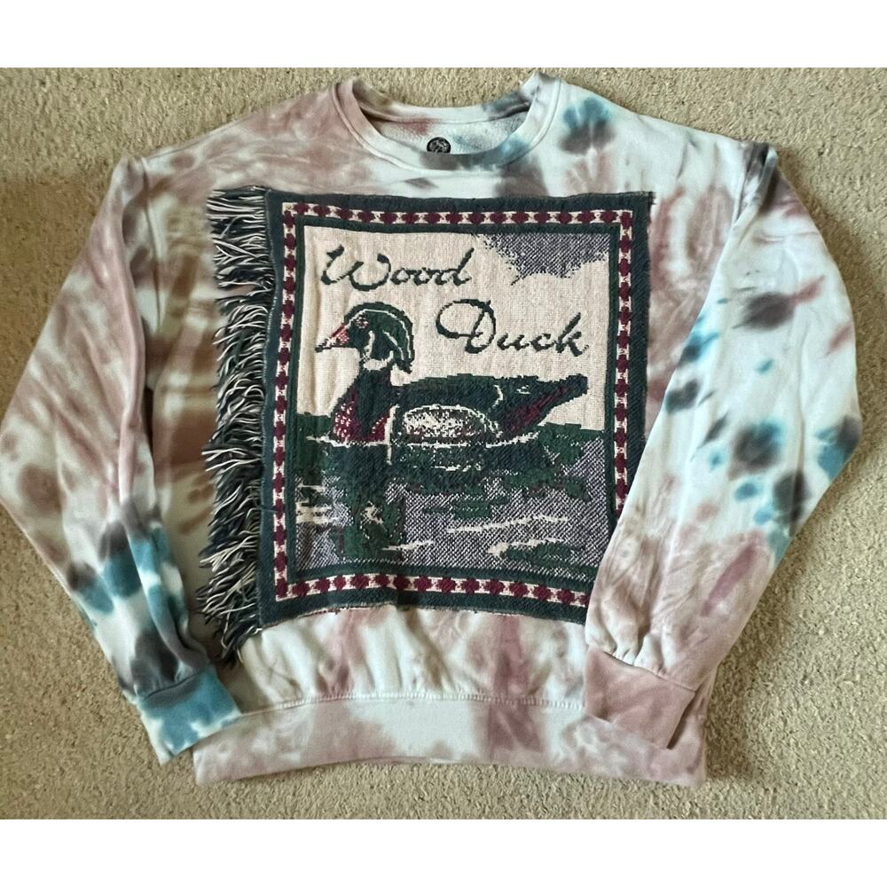 Duck tapestry sweatshirt w fringe, upcycled, tie dye crewneck,  S